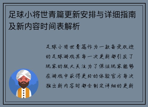 足球小将世青篇更新安排与详细指南及新内容时间表解析